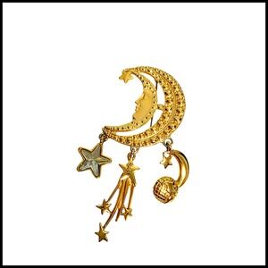 Vintage Gold Tone Celestial Crescent Moon Face Brooch Shooting Star Dangle Pin